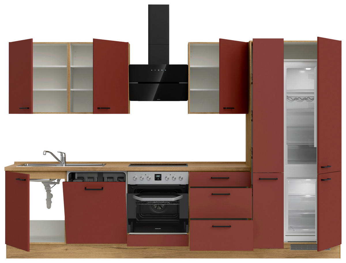 KÜCHENBLOCK 330 cm   in Eichefarben, Dunkelrot  - Eichefarben/Schwarz, MODERN, Holzwerkstoff/Metall (330cm) - Nobilia