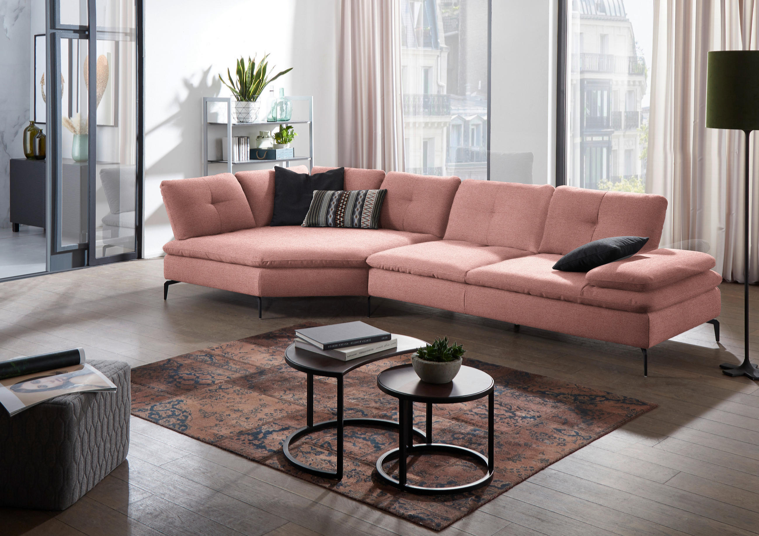 ECKSOFA in Flachgewebe Altrosa  - Schwarz/Altrosa, Design, Textil/Metall (157/344cm) - Chilliano