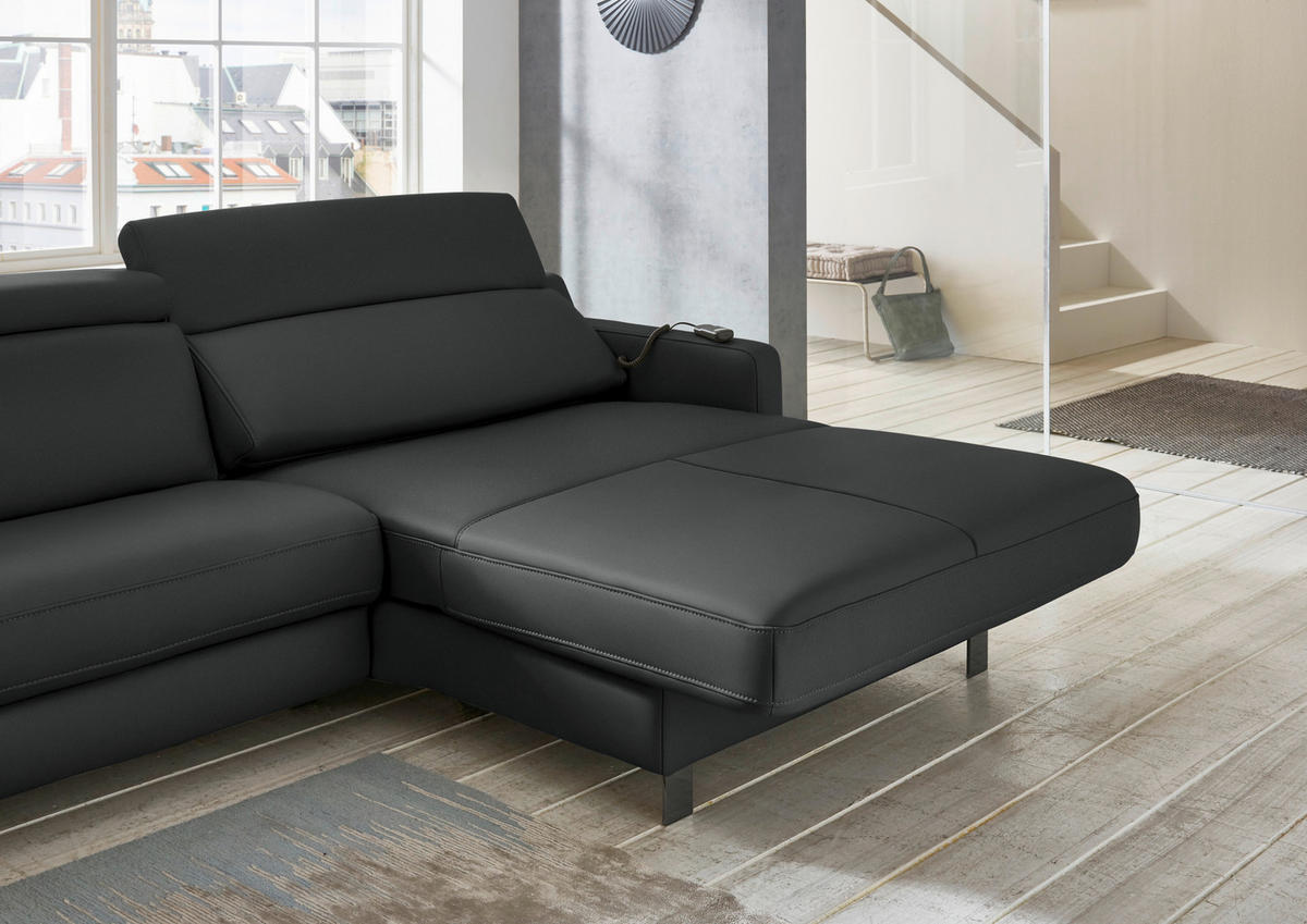 ECKSOFA in Echtleder Anthrazit  - Anthrazit/Schwarz, Design, Leder/Metall (291/176cm) - Valdera