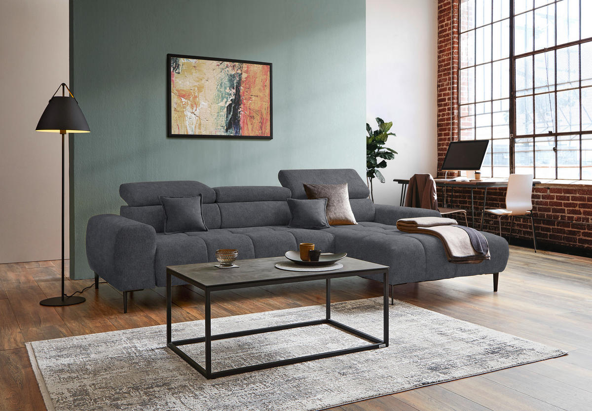 ECKSOFA in Samt, Webstoff Grau  - Schwarz/Grau, Design, Textil/Metall (270/177cm) - Welnova