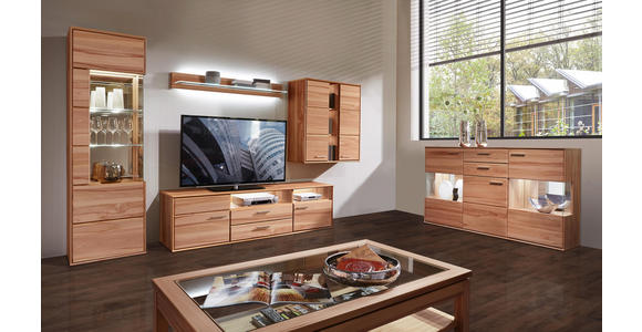 WOHNWAND Kernbuche furniert, massiv Buchefarben - Buchefarben/Silberfarben, KONVENTIONELL, Glas/Holz (328/204/40-48cm) - Voleo