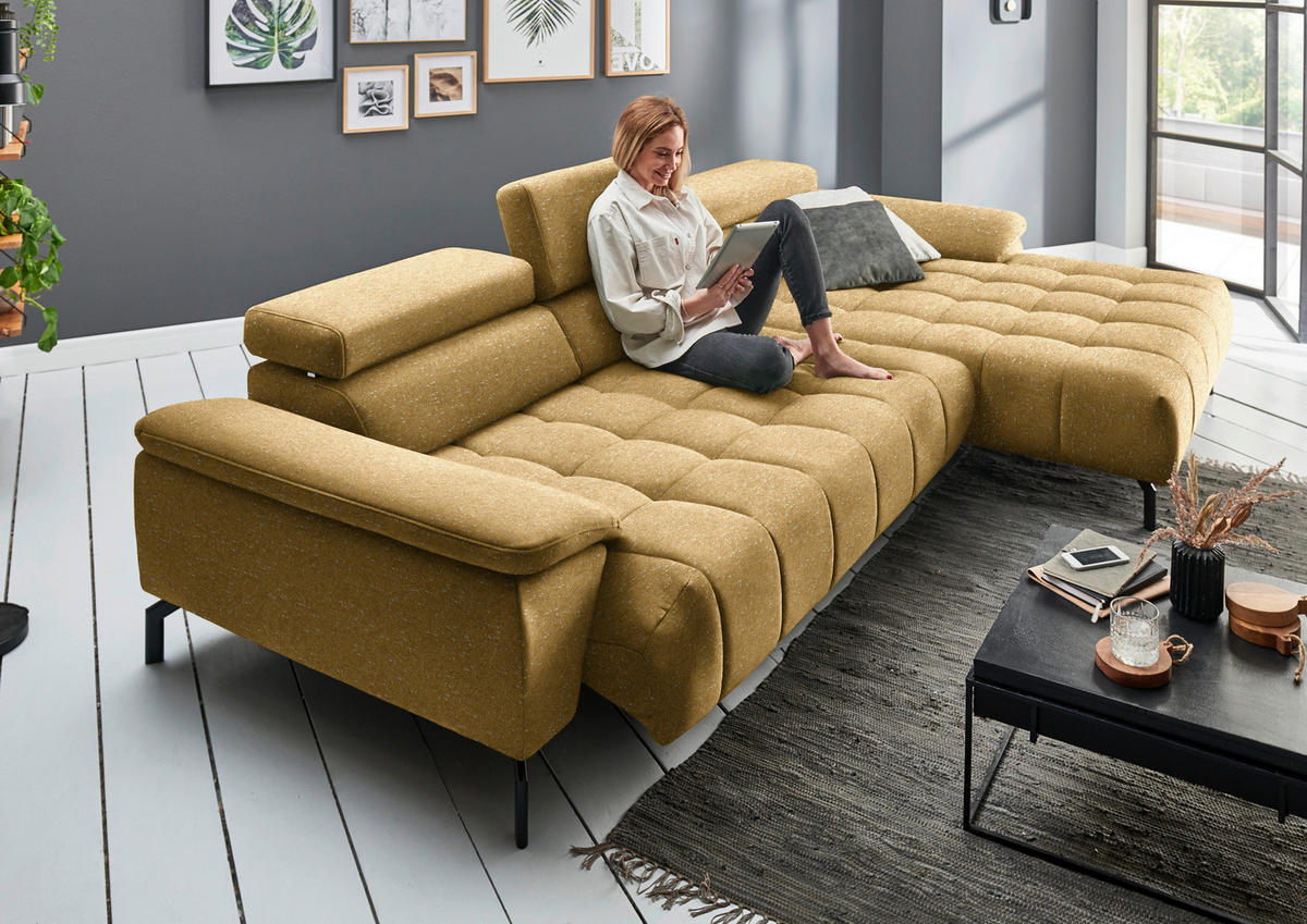 ECKSOFA in Chenille Currygelb  329/190 cm  - Currygelb/Schwarz, Design, Textil/Metall (329/190cm) - Beldomo Style