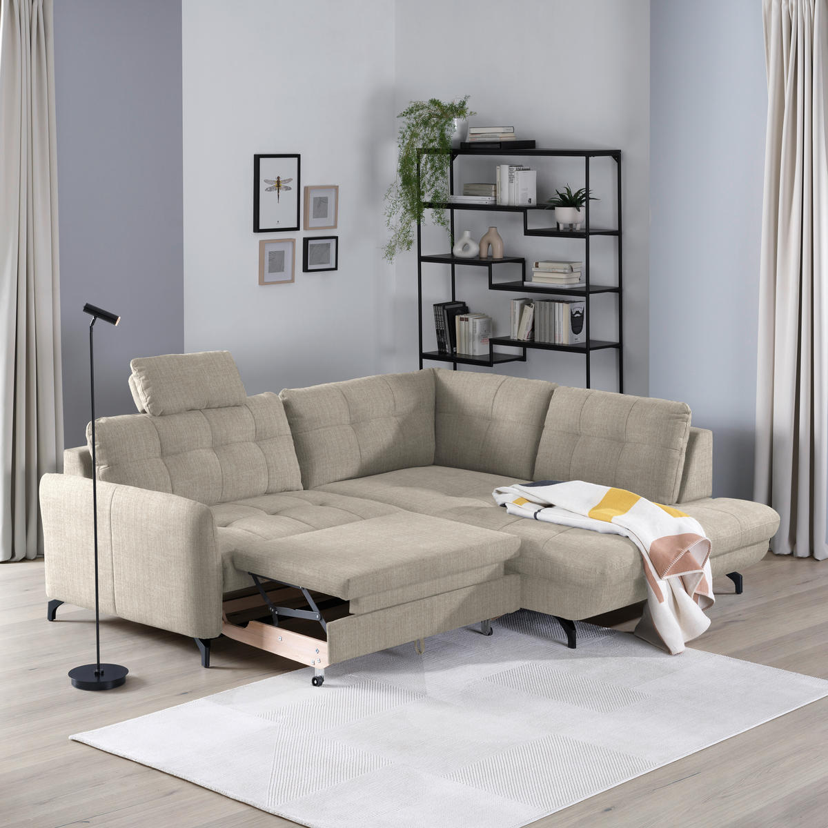 ECKSOFA in Flachgewebe, Leinenoptik Beige  - Beige/Schwarz, Modern, Textil/Metall (247/208cm) - Xora