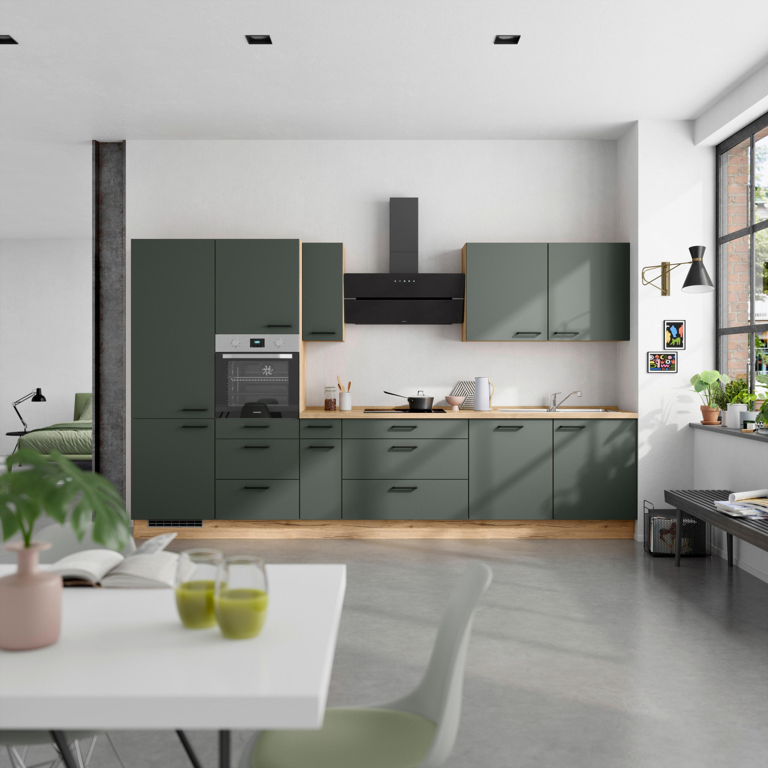 KÜCHENBLOCK 360 cm   in Eichefarben, Dunkelgrün  - Dunkelgrün/Eichefarben, MODERN, Holzwerkstoff/Metall (360cm) - Nobilia
