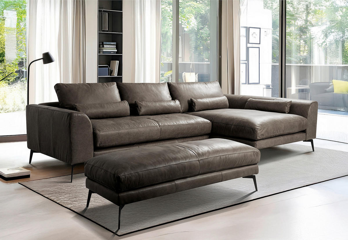 HOCKER Leder Fango  - Fango/Schwarz, Design, Leder/Metall (163/46/62cm) - Livetastic
