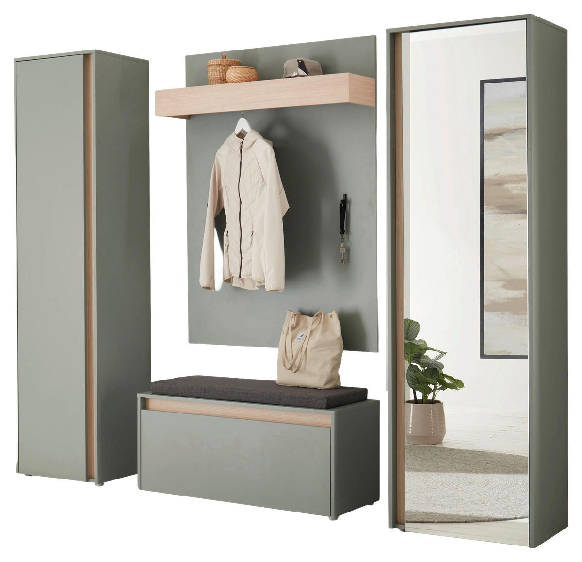 GARDEROBE 5-teilig  in 230/200/40 cm  - Eichefarben/Salbeigrün, Design, Glas/Holzwerkstoff (230/200/40cm) - Modante