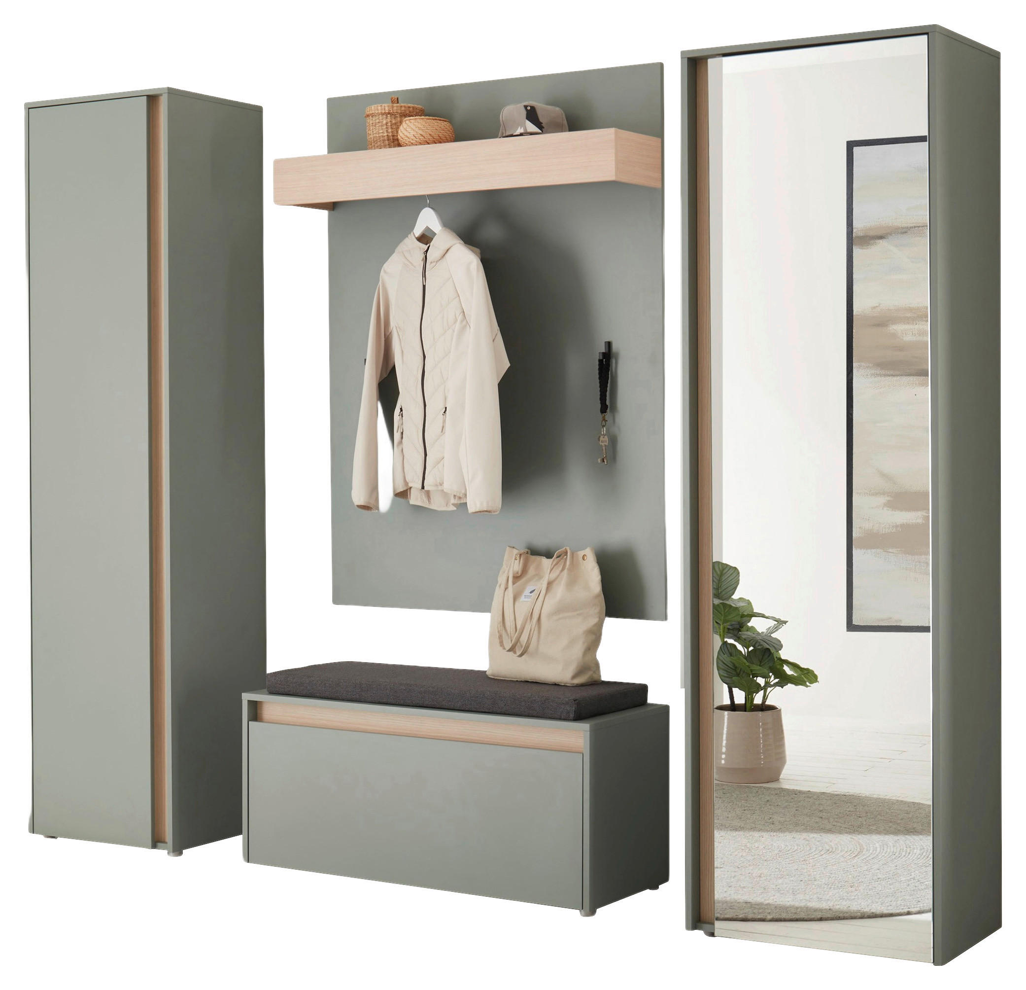 Thumbnail - Modante Garderobe, Eiche, Salbeigrün, Glas, Textil, Holzwerkstoff, 5-teilig, 230x200x40 cm, Garderobe, Garderoben-Sets &...