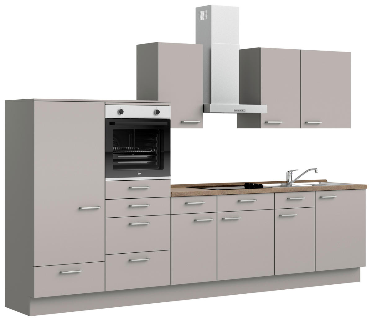 KÜCHENBLOCK 330 cm   in Grau, Eiche dunkel  - Eiche dunkel/Edelstahlfarben, MODERN, Holzwerkstoff/Metall (330cm) - Nobilia