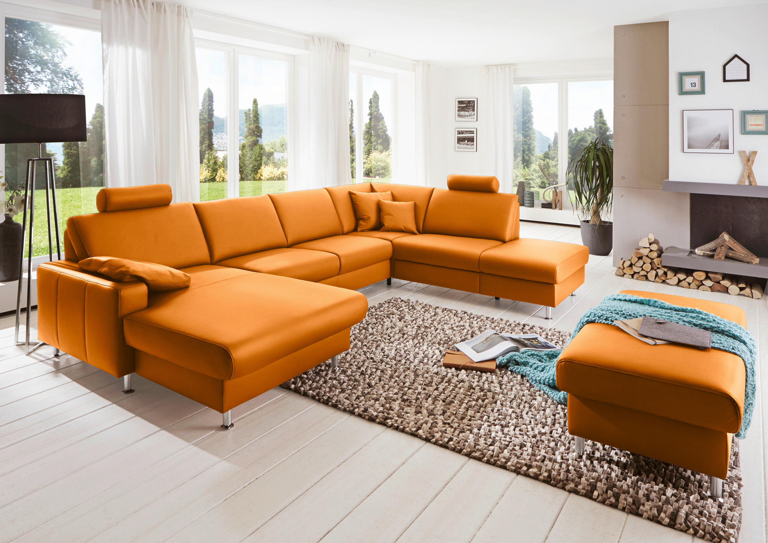 WOHNLANDSCHAFT in Echtleder Orange  - Alufarben/Orange, Design, Leder/Metall (165/339/233cm) - Beldomo Premium