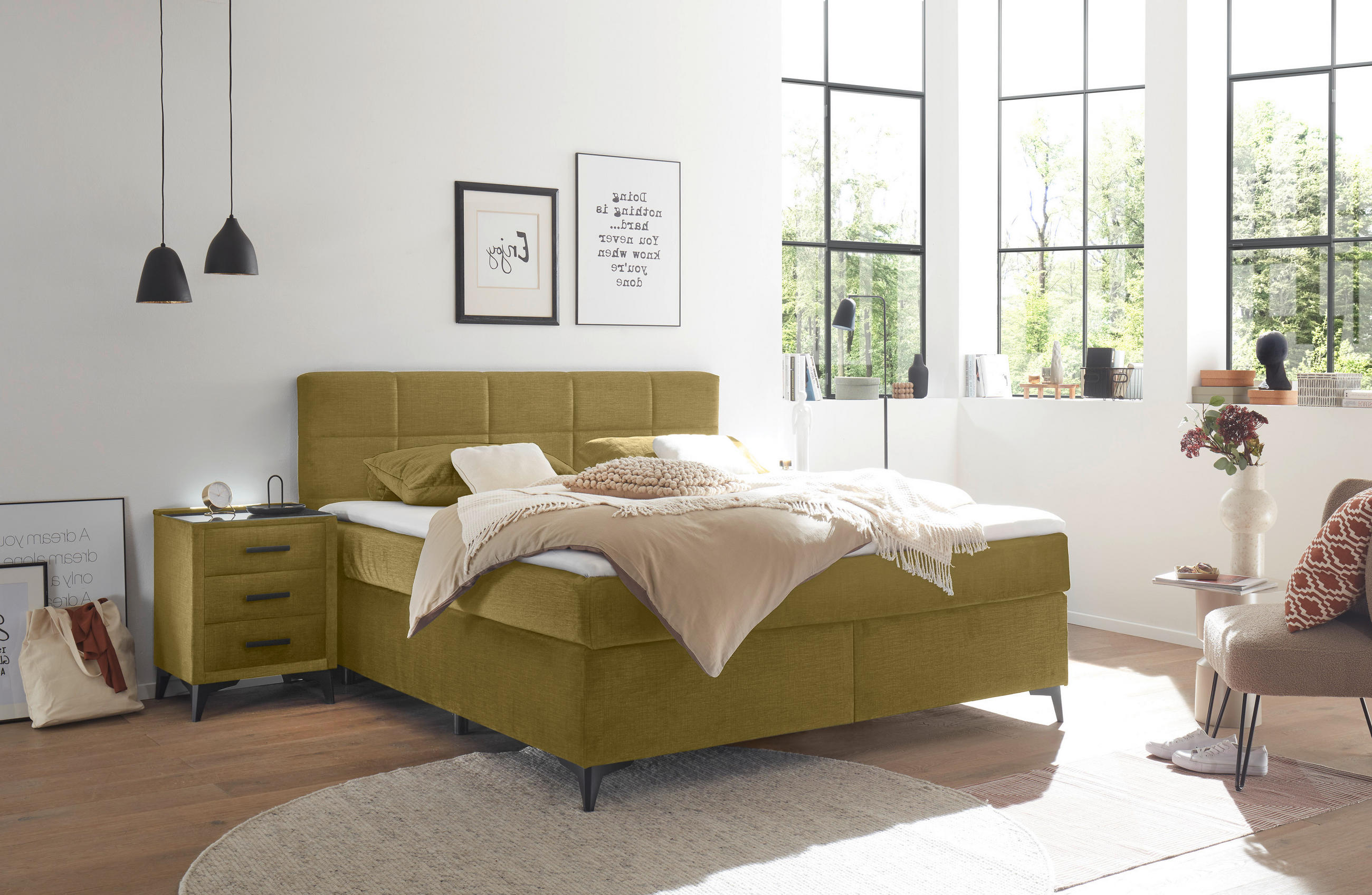 BOXSPRINGBETT 180/200 cm  in Olivgrün  - Schwarz/Olivgrün, Design, Holzwerkstoff/Kunststoff (180/200cm) - Xora
