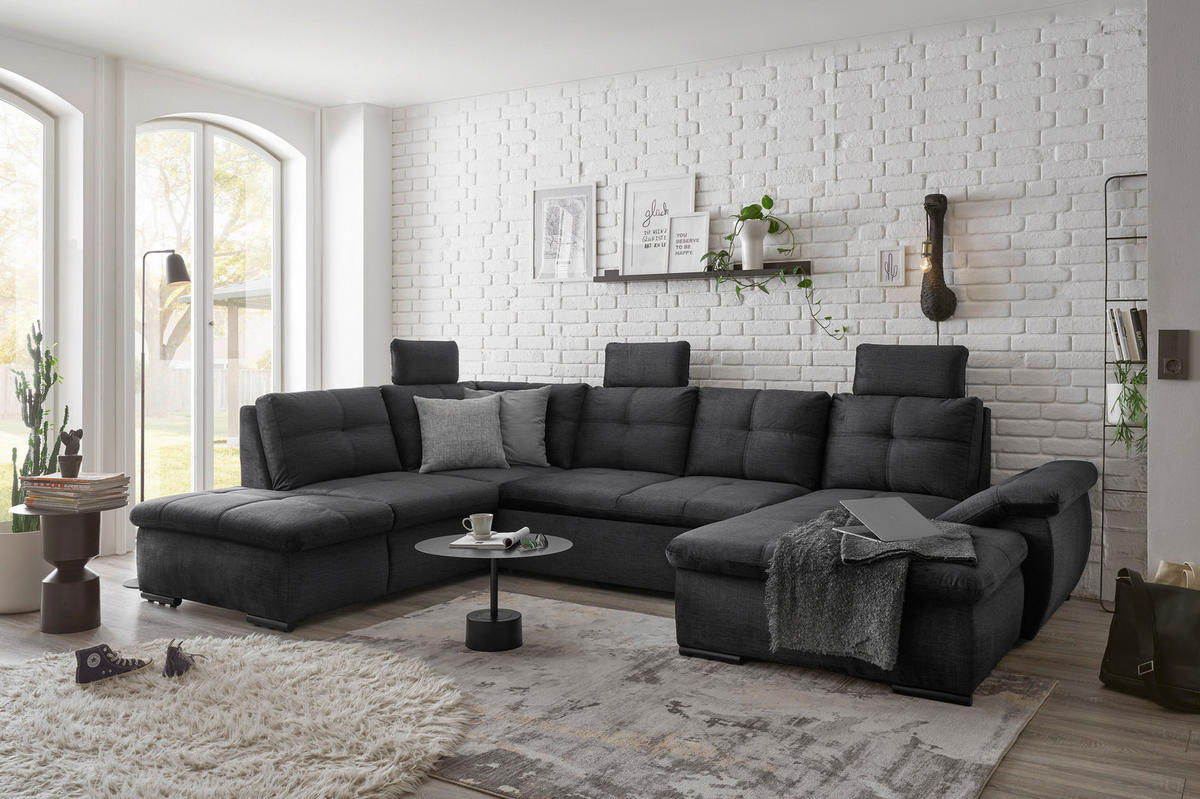 WOHNLANDSCHAFT Schwarz Mikrovelours  - Schwarz, KONVENTIONELL, Kunststoff/Textil (217/334/127cm) - Carryhome