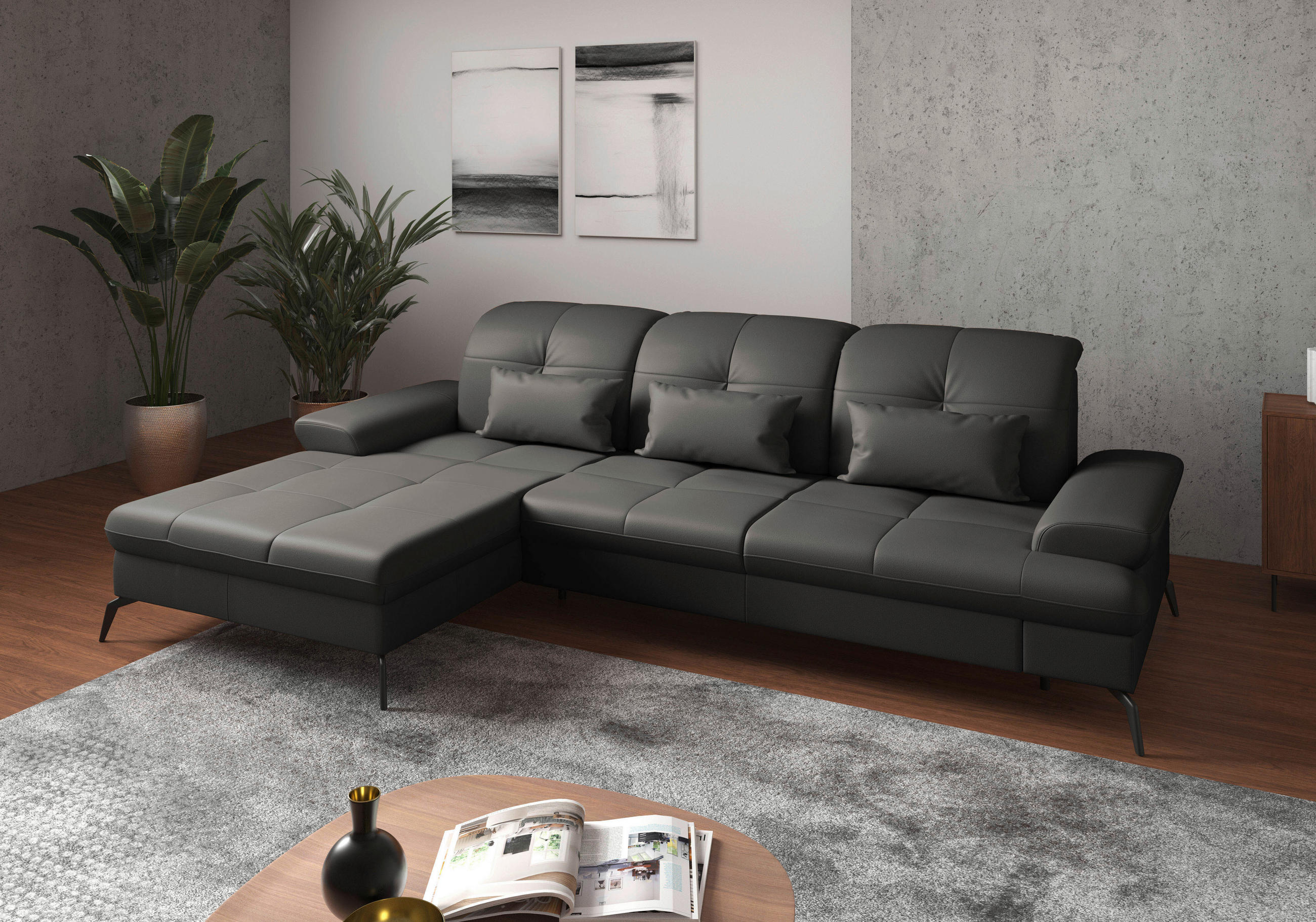 ECKSOFA in Echtleder Anthrazit - Anthrazit/Schwarz, Konventionell, Leder/Metall (185/279cm) - Sit & More