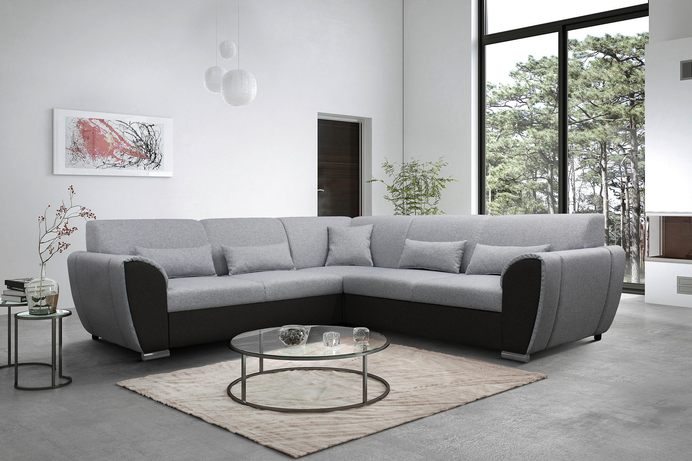 ECKSOFA Schwarz, Hellgrau Flachgewebe  - Silberfarben/Hellgrau, Design, Kunststoff/Textil (266/266cm) - Livetastic
