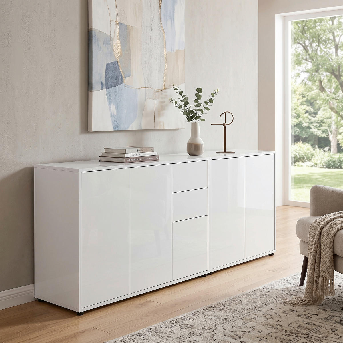 SIDEBOARD Mailand Set 10 184,5/73/33 cm 2 Schublade(n)  - Weiß Hochglanz/Schwarz, MODERN, Holzwerkstoff/Kunststoff (184,5/73/33cm) - MID.YOU