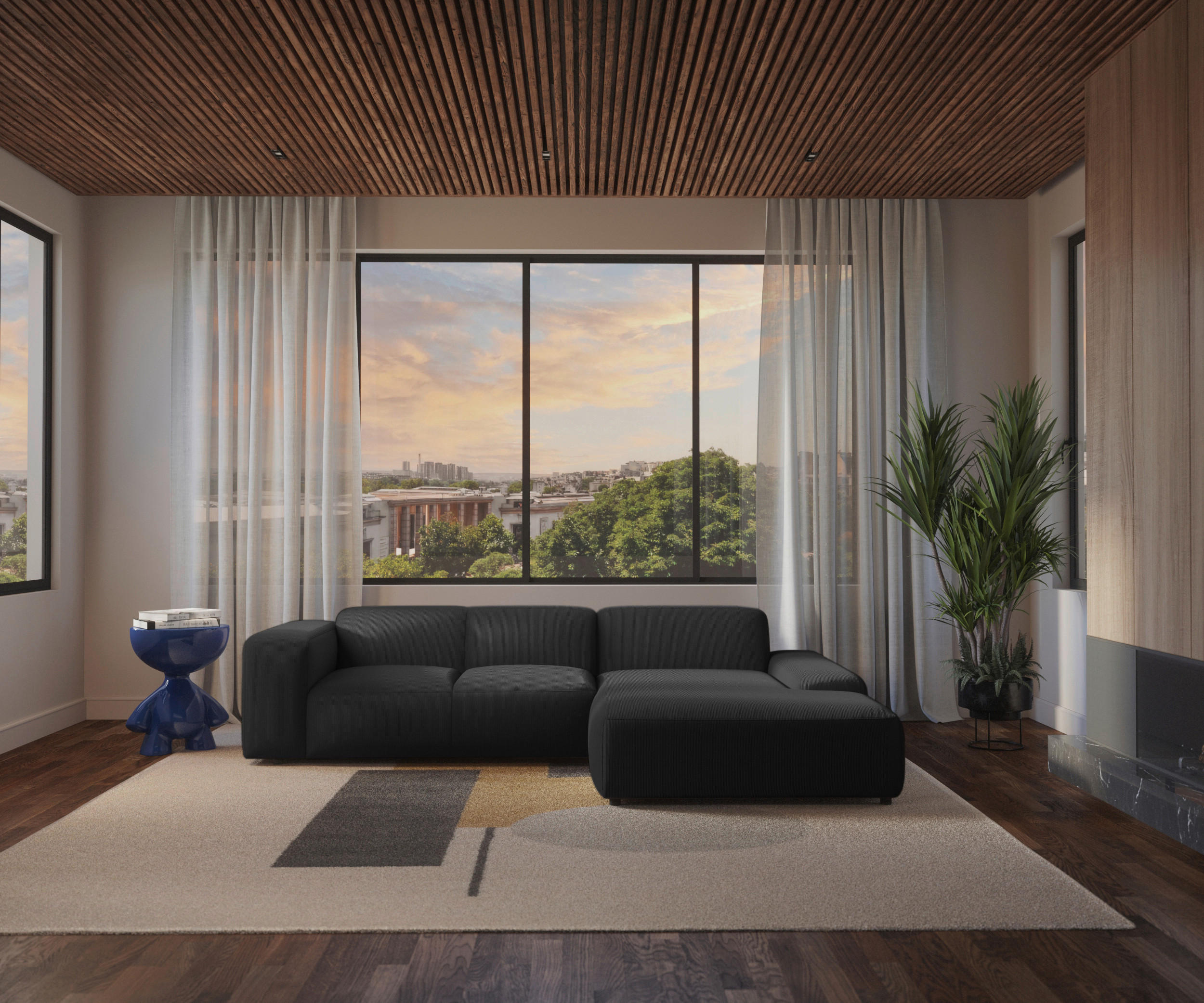 ECKSOFA in Cord Anthrazit - Anthrazit/Schwarz, Design, Kunststoff/Textil (304/200cm) - MID.YOU