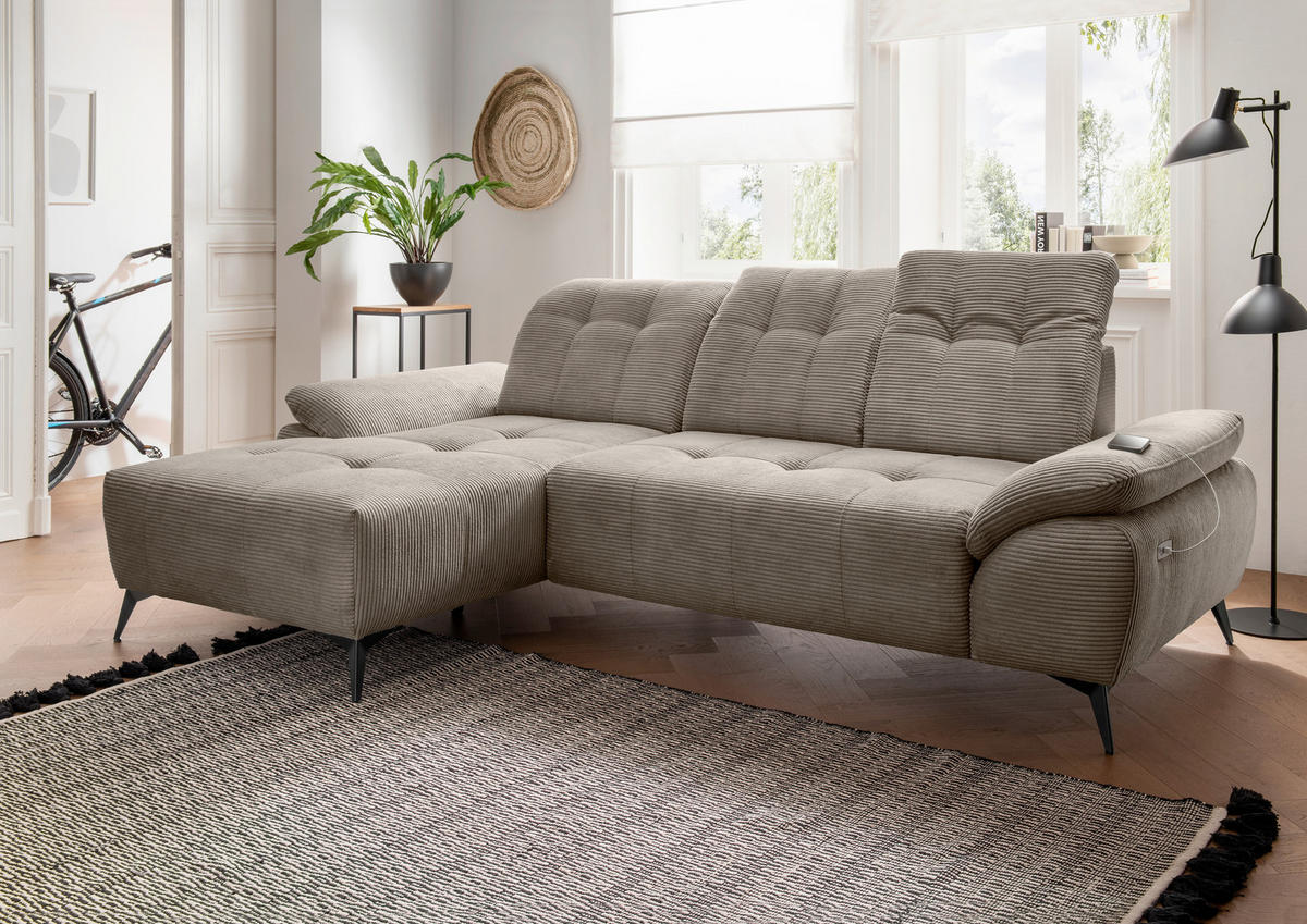 ECKSOFA Cord Graubraun  - Graubraun/Schwarz, Modern, Textil/Metall (180/280cm) - Livetastic
