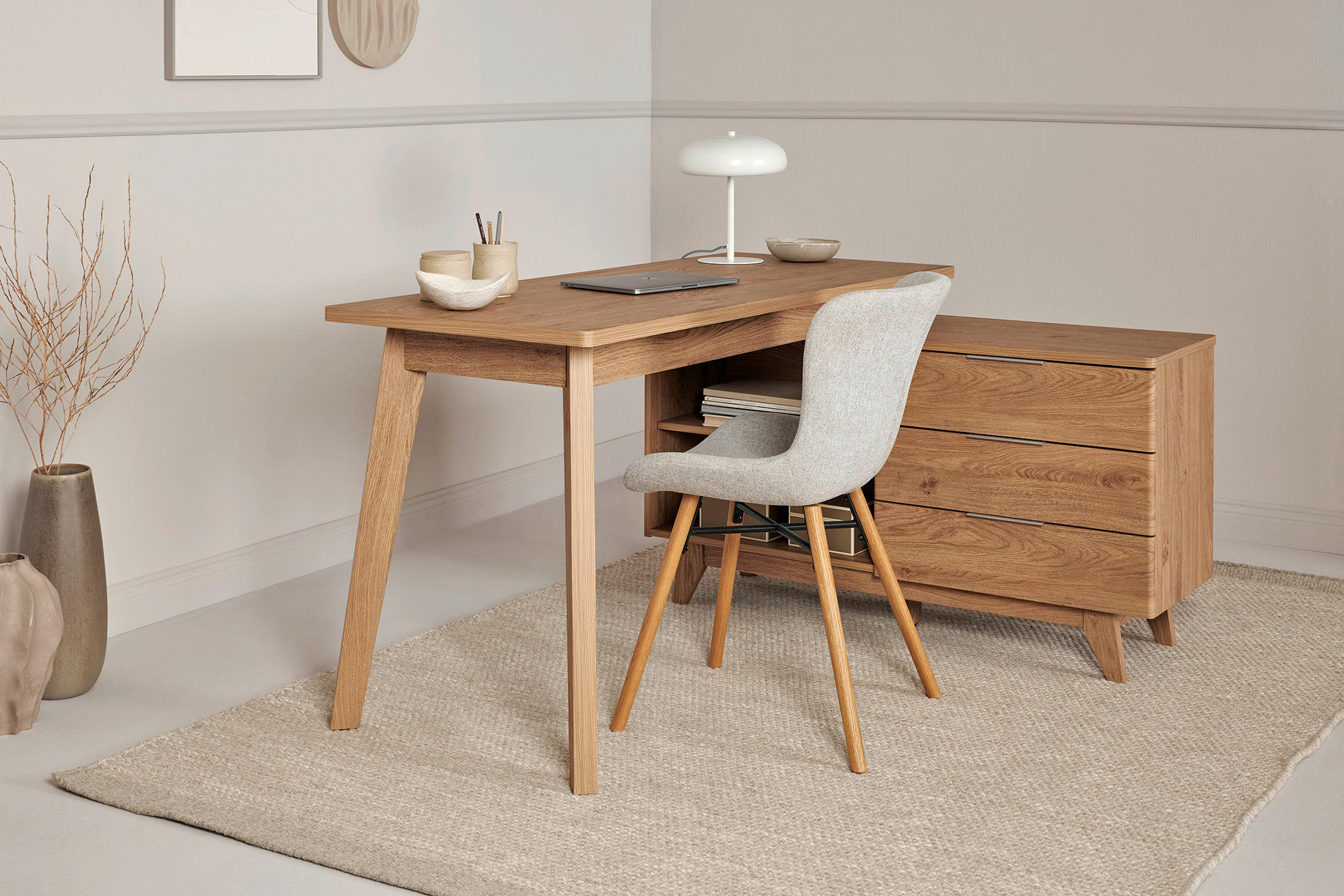 ECKSCHREIBTISCH 140/118/76 cm  in Eichefarben  - Eichefarben/Alufarben, MODERN, Holzwerkstoff/Metall (140/118/76cm) - Livetastic
