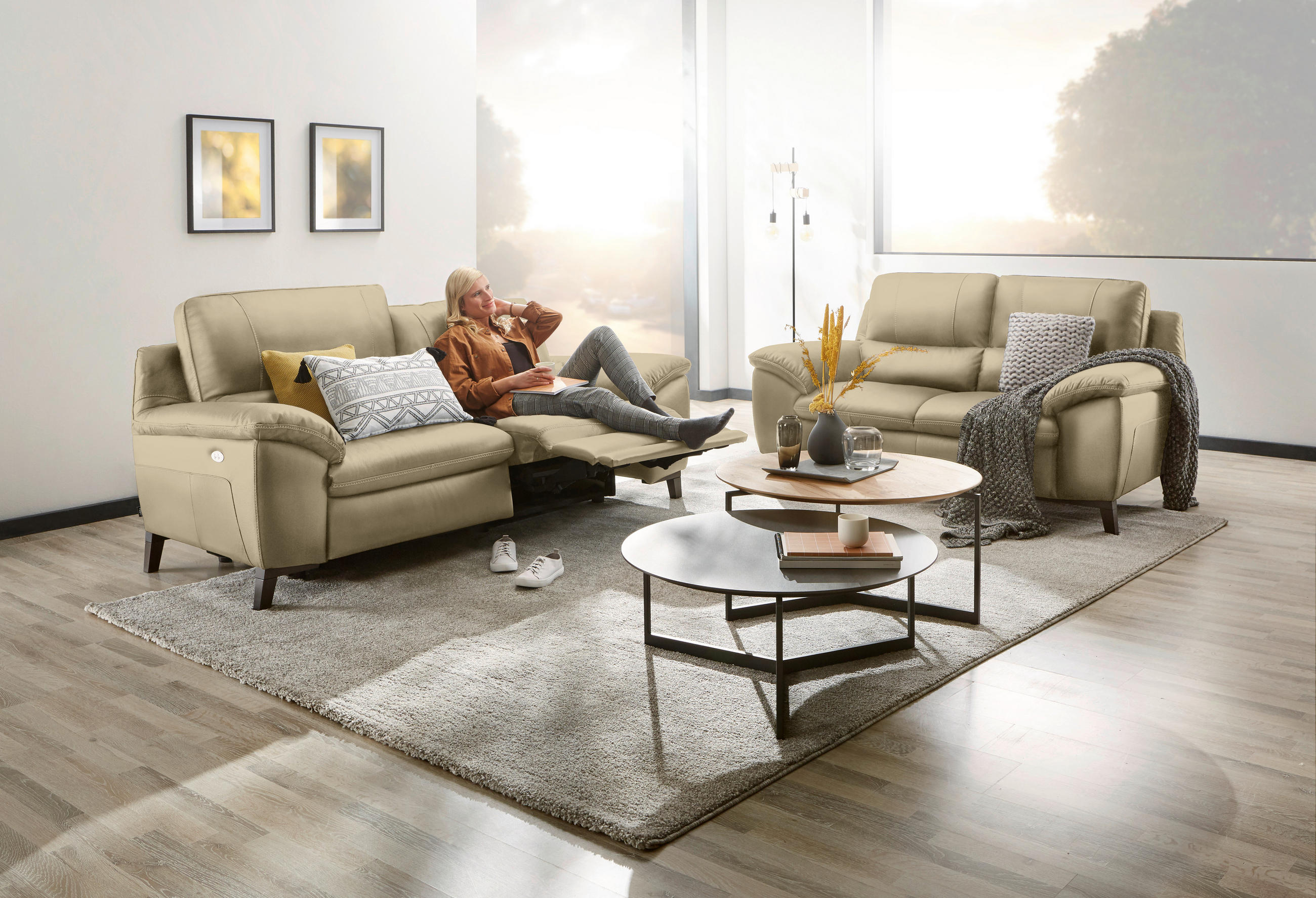 2-SITZER-SOFA in Kombination Echtleder/Lederlook Greige  - Wengefarben/Greige, Design, Leder/Holz (174/97/95cm) - Livetastic