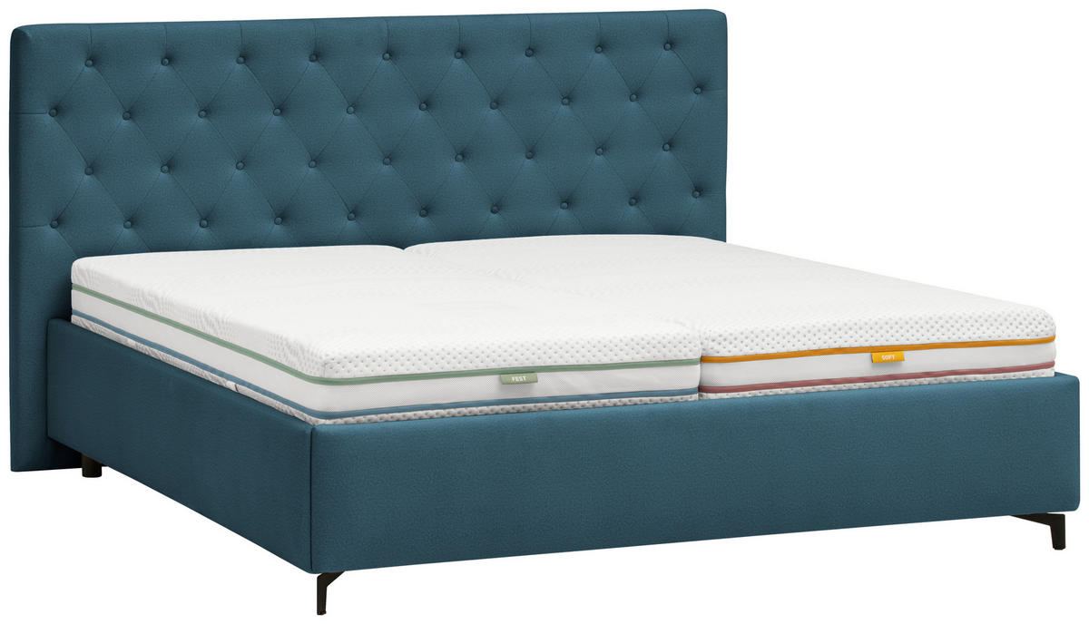 POLSTERBETT 180/200 cm  in Blau  - Blau/Birkefarben, Konventionell, Holz/Textil (180/200cm) - Novel