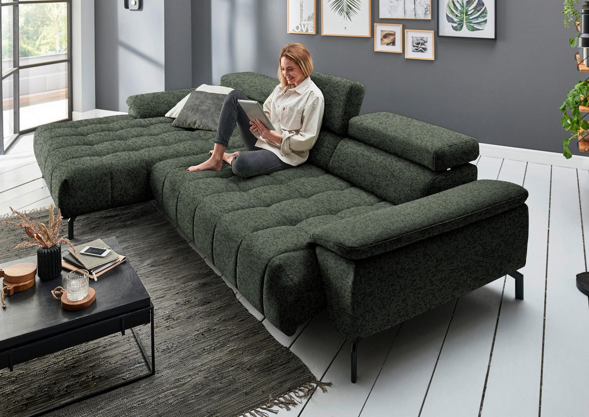 ECKSOFA in Chenille Grün  190/329 cm  - Schwarz/Grün, Design, Textil/Metall (190/329cm) - Beldomo Style