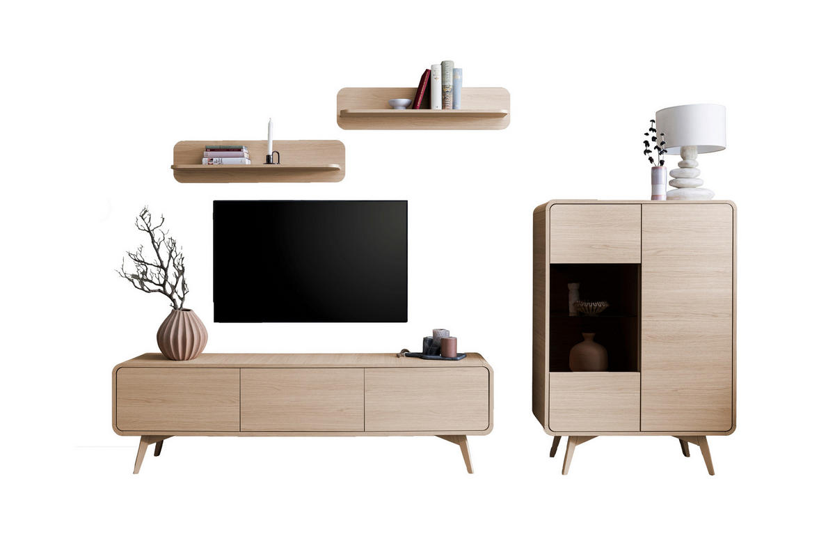 WOHNWAND 4-teilig  in Eichefarben  290/170/39 cm  - Eichefarben, Design, Glas/Holz (290/170/39cm) - Livetastic