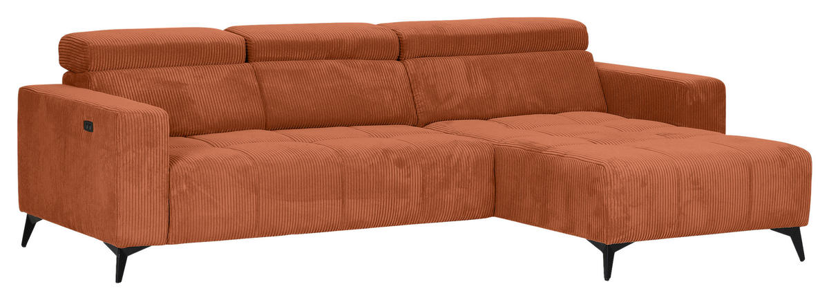 ECKSOFA Rostfarben Cord Rücken echt, Kopfteilverstellung, Sitzvorzug  - Rostfarben/Schwarz, KONVENTIONELL, Textil/Metall (257/170cm) - Carryhome