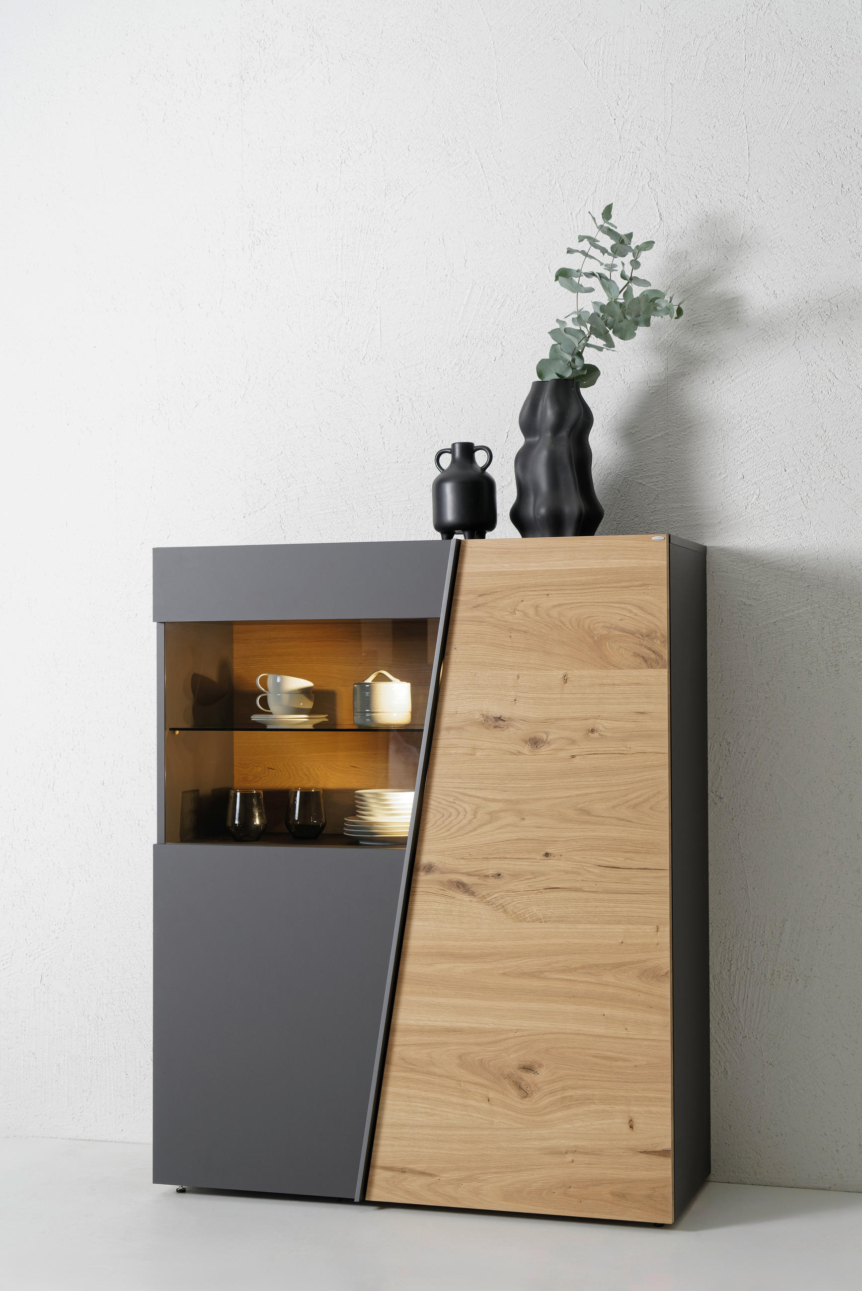 HIGHBOARD Graphitfarben, Wildeiche  96/138/42,3 cm  - Wildeiche/Graphitfarben, Natur, Glas/Holz (96/138/42,3cm) - Voglauer