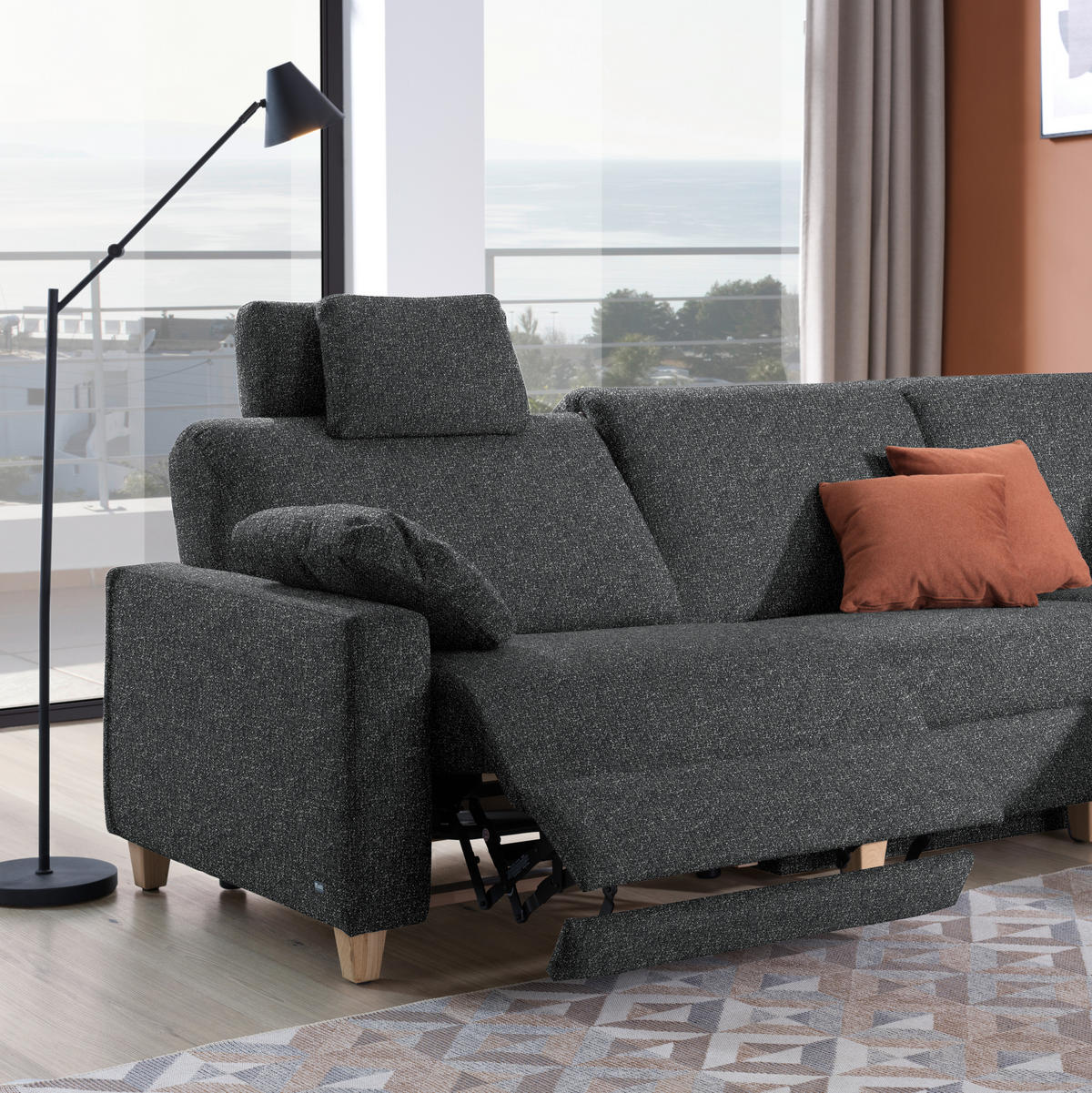 ECKSOFA  in Mikrovelours Anthrazit  261/203 cm  - Eichefarben/Anthrazit, KONVENTIONELL, Holz/Textil (261/203cm) - Sedda