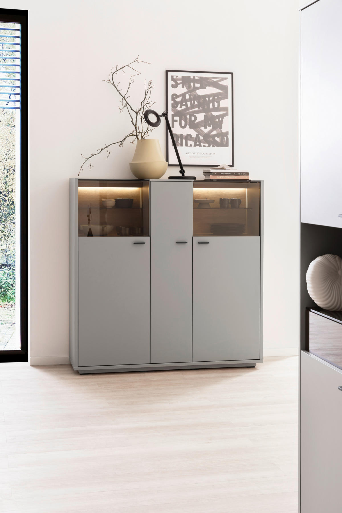 VISOKA KOMODA   135/136/37 cm   siva, boje hrasta  - siva/boje hrasta, Design, staklo/drvni materijal (135/136/37cm) - Stylife