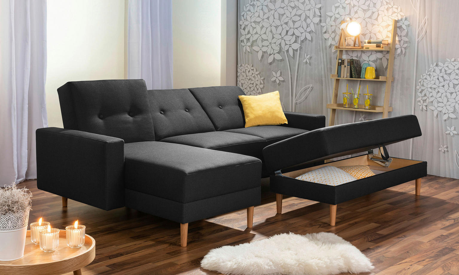 ECKSCHLAFSOFA Schwarz Flachgewebe - Einrichtungsbeispiel