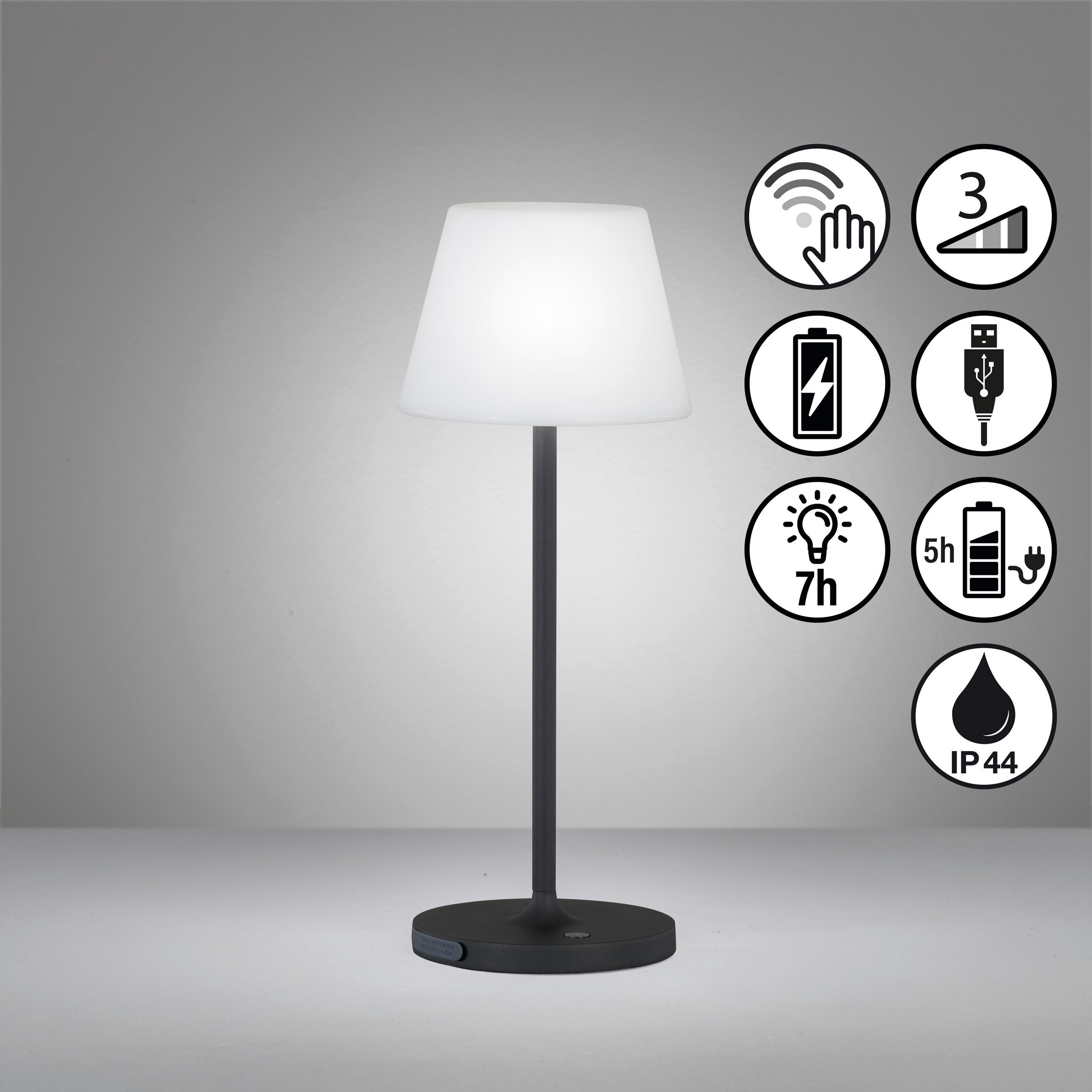 Thumbnail - Akku-Tischleuchte Flus, Weiß, Kunststoff, 38 cm, 3 Helligkeitsstufen, stufenverstellbar, tragbar, kabellos, aufladbar üb...