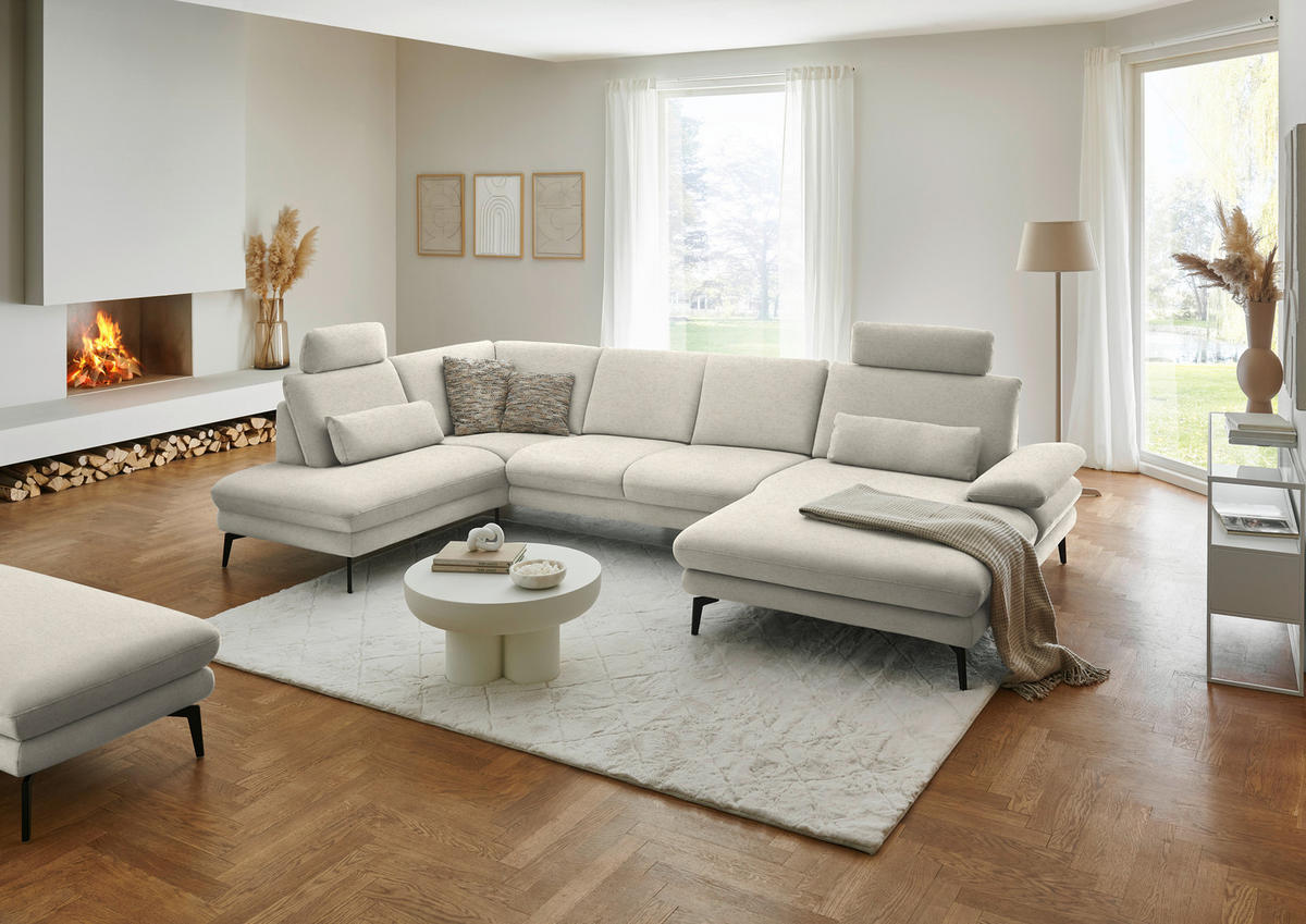 WOHNLANDSCHAFT  in Chenille, Flachgewebe Naturfarben  - Schwarz/Naturfarben, Design, Textil/Metall (208/344/180cm) - Dieter Knoll