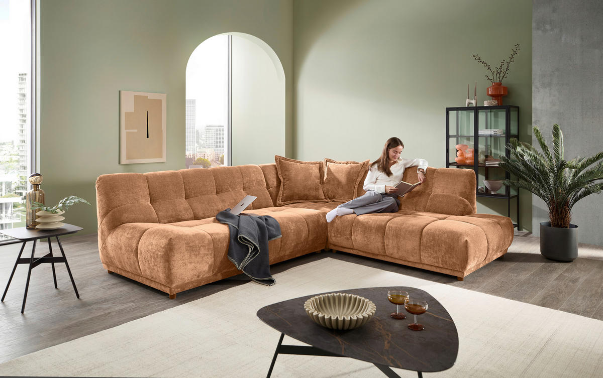 ECKSOFA ITALIA in Chenille Koralle  284/250 cm  - Koralle/Schwarz, MODERN, Kunststoff/Textil (284/250cm) - Livetastic