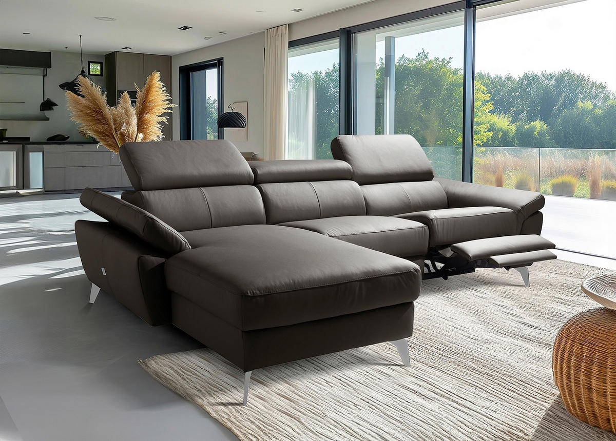 ECKSOFA Lederlook Echtleder Dunkelbraun  - Chromfarben/Dunkelbraun, Design, Leder/Textil (252/179cm) - Livetastic