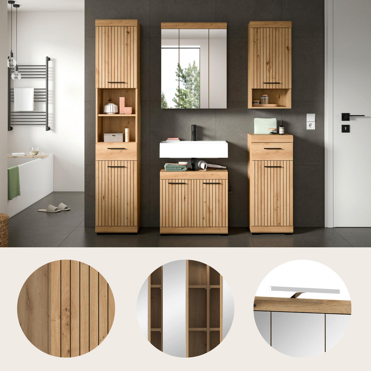 BADEZIMMER 5-teilig  in 134 cm  - Schwarz/Eiche Artisan, Trend, Glas/Holzwerkstoff (134cm) - MID.YOU
