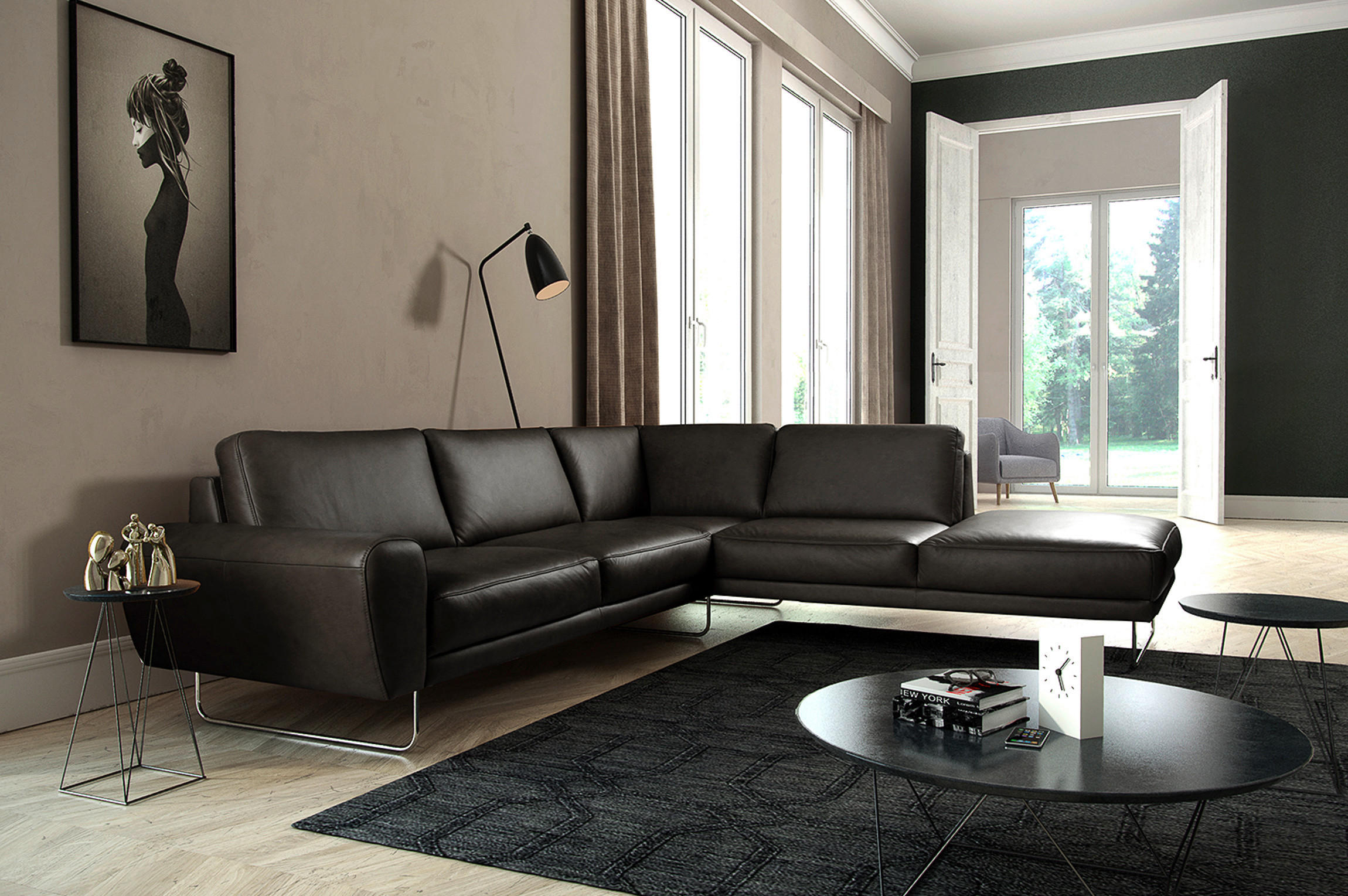 ECKSOFA in Echtleder Schwarz  273/250 cm  - Chromfarben/Schwarz, Design, Leder/Metall (273/250cm) - Livetastic