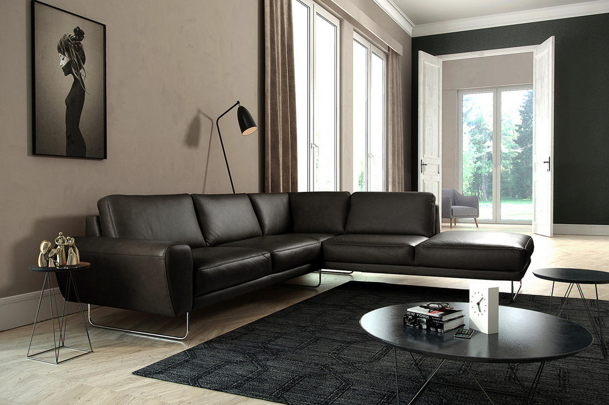 ECKSOFA in Echtleder Schwarz  273/250 cm  - Chromfarben/Schwarz, Design, Leder/Metall (273/250cm) - Livetastic