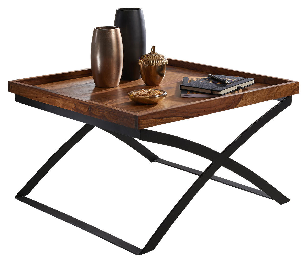 COUCHTISCH Sheesham massiv 63/63/39 cm quadratisch Sheeshamfarben  - Sheeshamfarben/Schwarz, Design, Holz/Metall (63/63/39cm) - MID.YOU