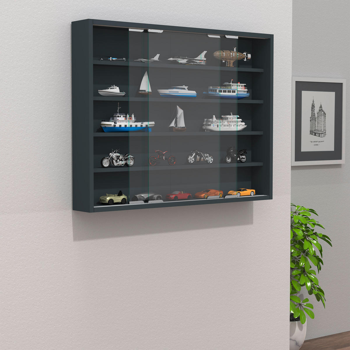 VÄGGHÄNGT VITRINSKÅP i antracit   - silver/antracit, Modern, trämaterial/glas (77/60/10cm) - MID.YOU