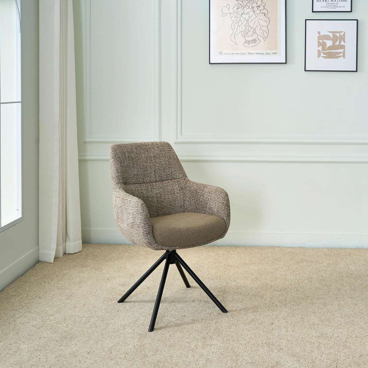 ARMLEHNSTUHL  Stoffauswahl, Sitzfläche 360° drehbar Webstoff  - Taupe/Schwarz, Design, Textil/Metall (59/91/69cm) - Novel