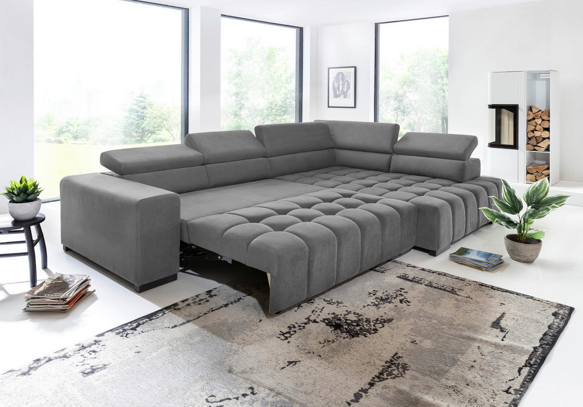 ECKSCHLAFSOFA in Grau Textil   - Schwarz/Grau, Design, Holz/Textil (307/201cm) - Livetastic