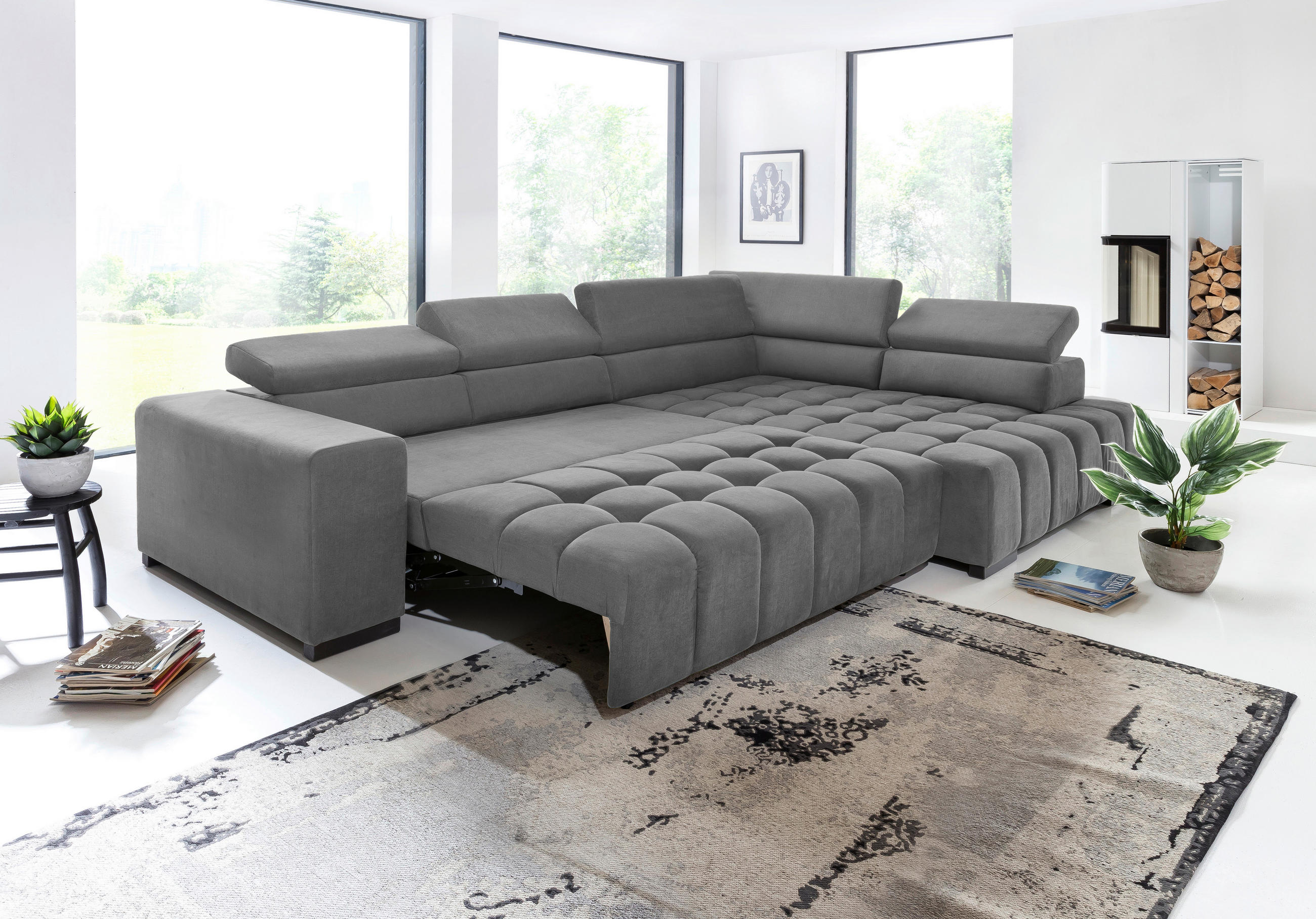 Thumbnail - Livetastic Eckschlafsofa, Grau, Textil, Buche, vollmassiv, 4-Sitzer, 307x201 cm, Schlafen auf Sitzhöhe, Armteil links, R...