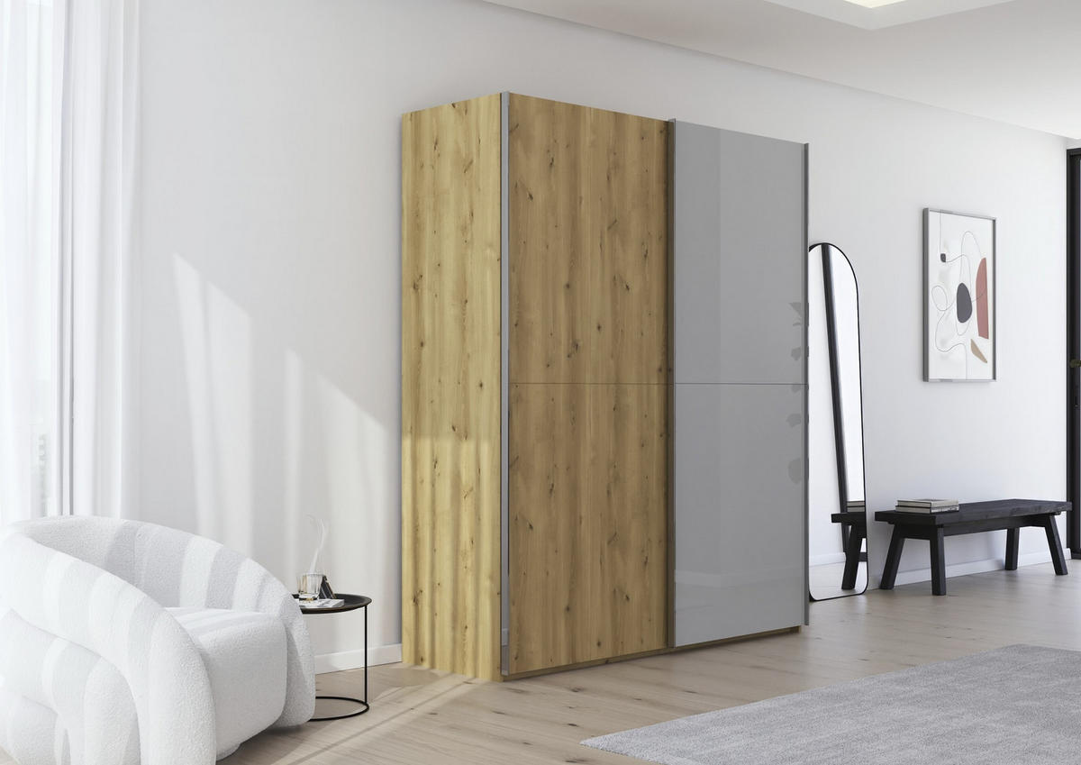SCHWEBETÜRENSCHRANK 180/223/68 cm 2-türig Eichefarben, Chromfarben, Hellgrau  - Chromfarben/Eichefarben, Design, Glas/Holz (180/223/68cm) - Novel