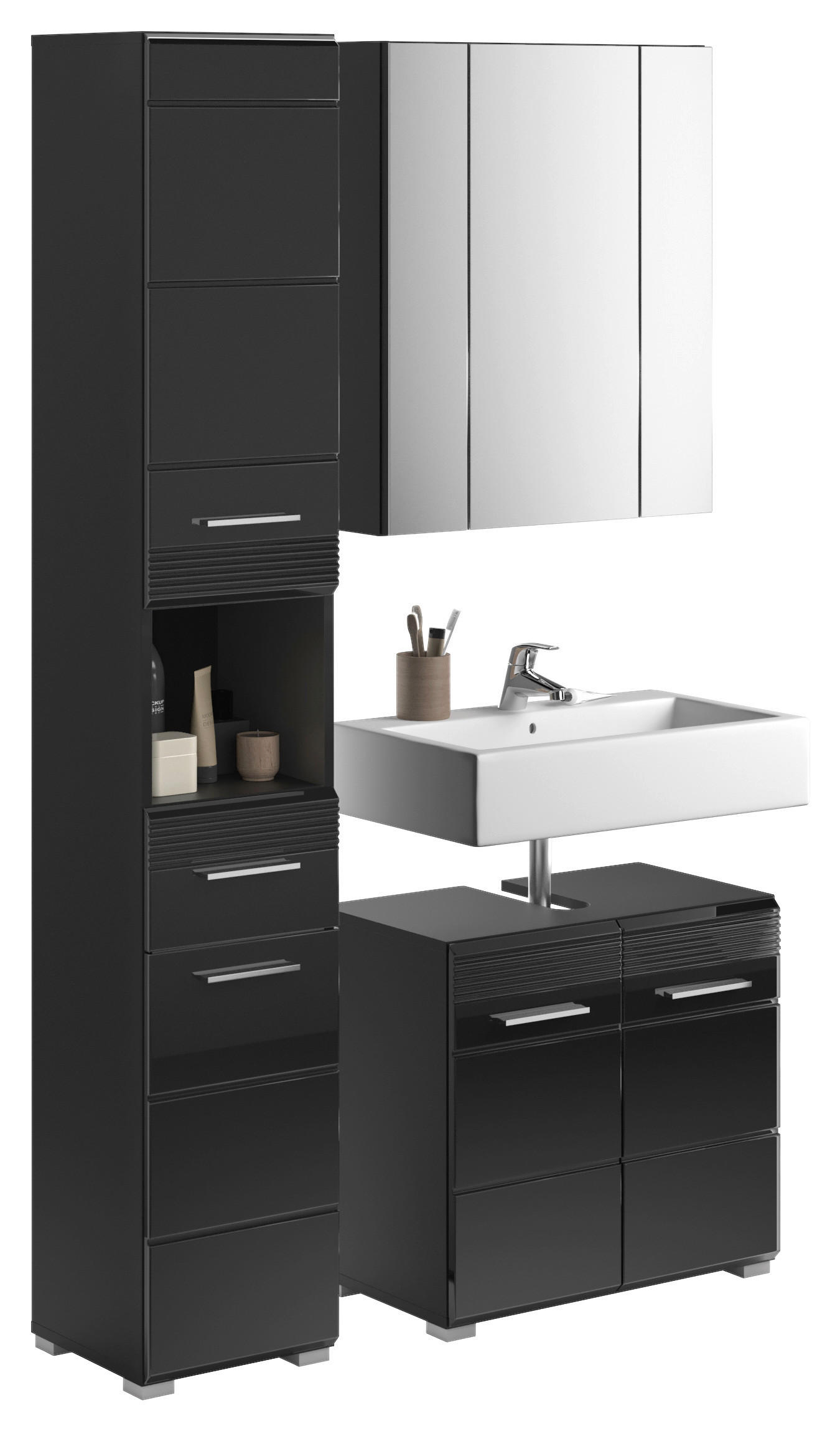 BADEZIMMER 3-teilig  in 90 cm  - Schwarz Hochglanz/Silberfarben, MODERN, Holzwerkstoff/Kunststoff (90cm) - MID.YOU