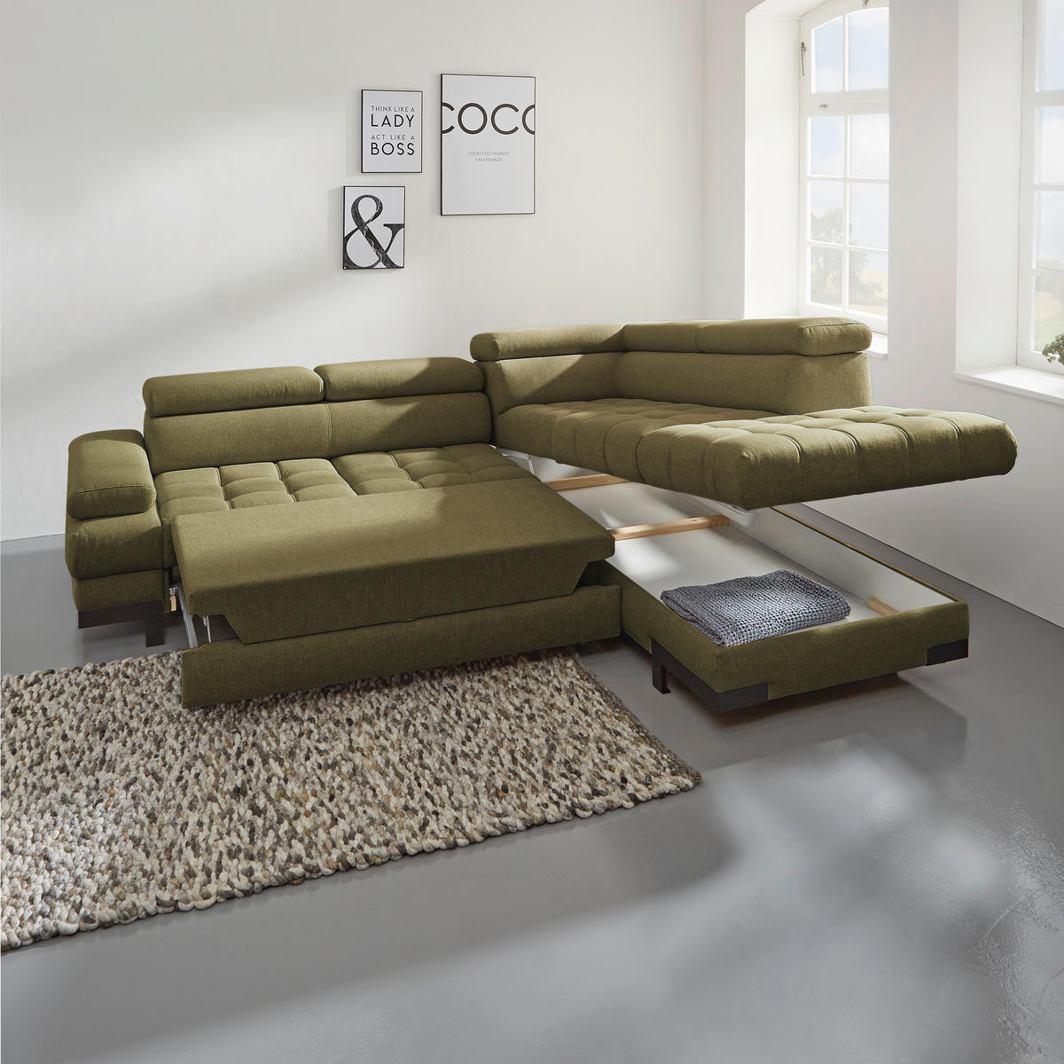 ECKSOFA in Webstoff Olivgrün  - Schwarz/Olivgrün, Design, Textil/Metall (263/223cm) - Welnova