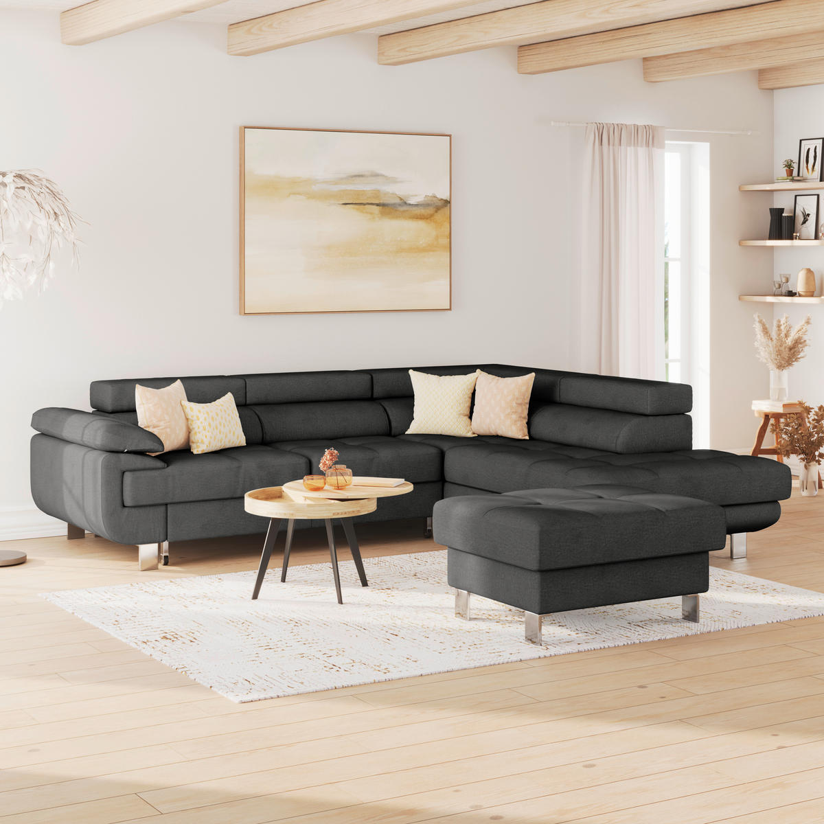 HÖRNSOFFA i dräll svart  - svart, Modern, metall/textil (270/230cm) - MID.YOU