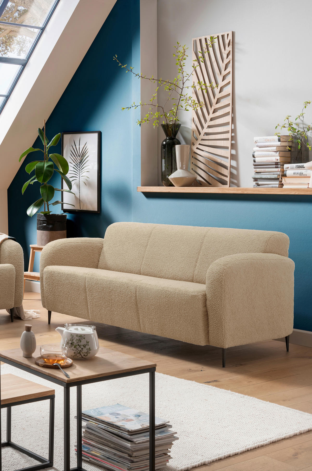 3-SITZER-SOFA in Teddystoff Creme  - Creme/Schwarz, Modern, Textil/Metall (180/76/90cm) - Livetastic