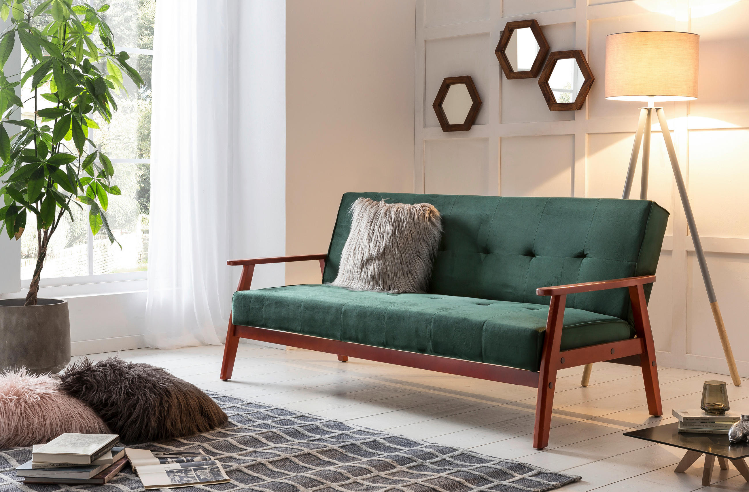 SCHLAFSOFA in Samt Grün, Kirschbaumfarben  - Kirschbaumfarben/Grün, MODERN, Holz/Textil (190/81/85cm) - Livetastic
