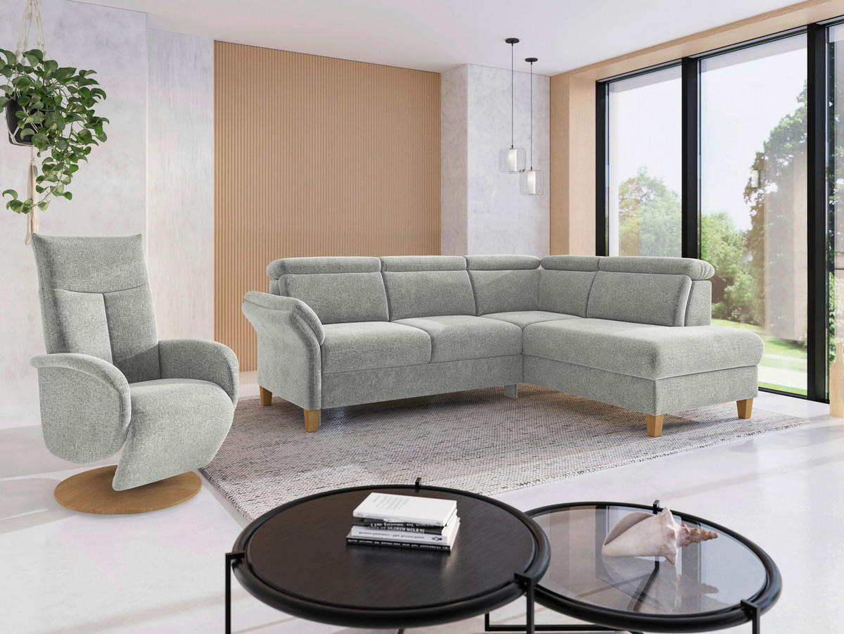 ECKSOFA GLENDALE E Hellgrau Flachgewebe  - Eichefarben/Hellgrau, KONVENTIONELL, Holz/Textil (247/193cm) - Sit & More