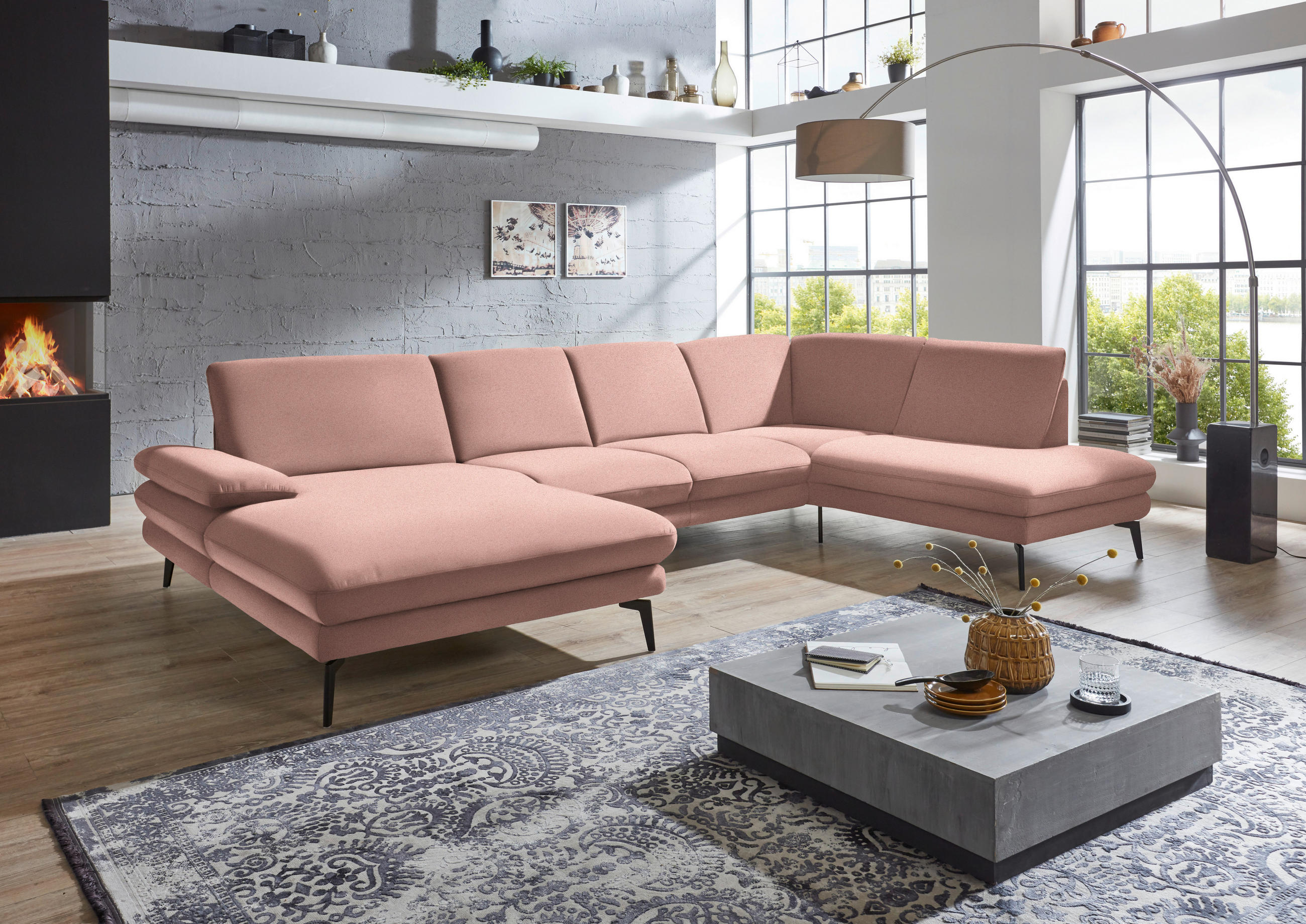 WOHNLANDSCHAFT Altrosa Webstoff  - Schwarz/Altrosa, Design, Textil/Metall (180/344/208cm) - Dieter Knoll